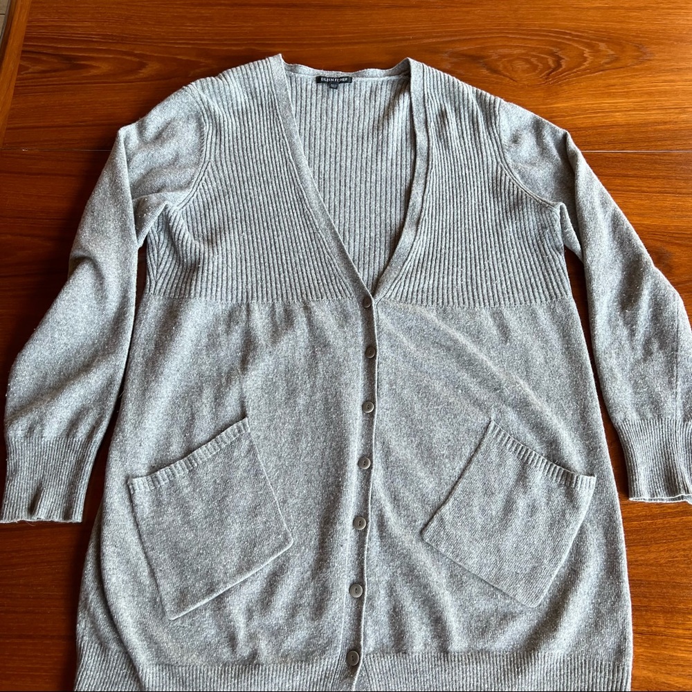Eileen fisher gray medium wool silk blend long sleeve open cardigan. Knit.